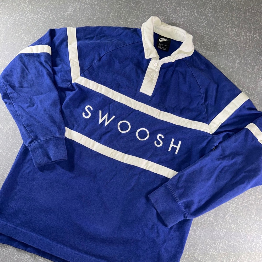 Nike Swoosh Rugby Polo Shirt Mens Medium Blue White Striped Long Sleeve Cotton